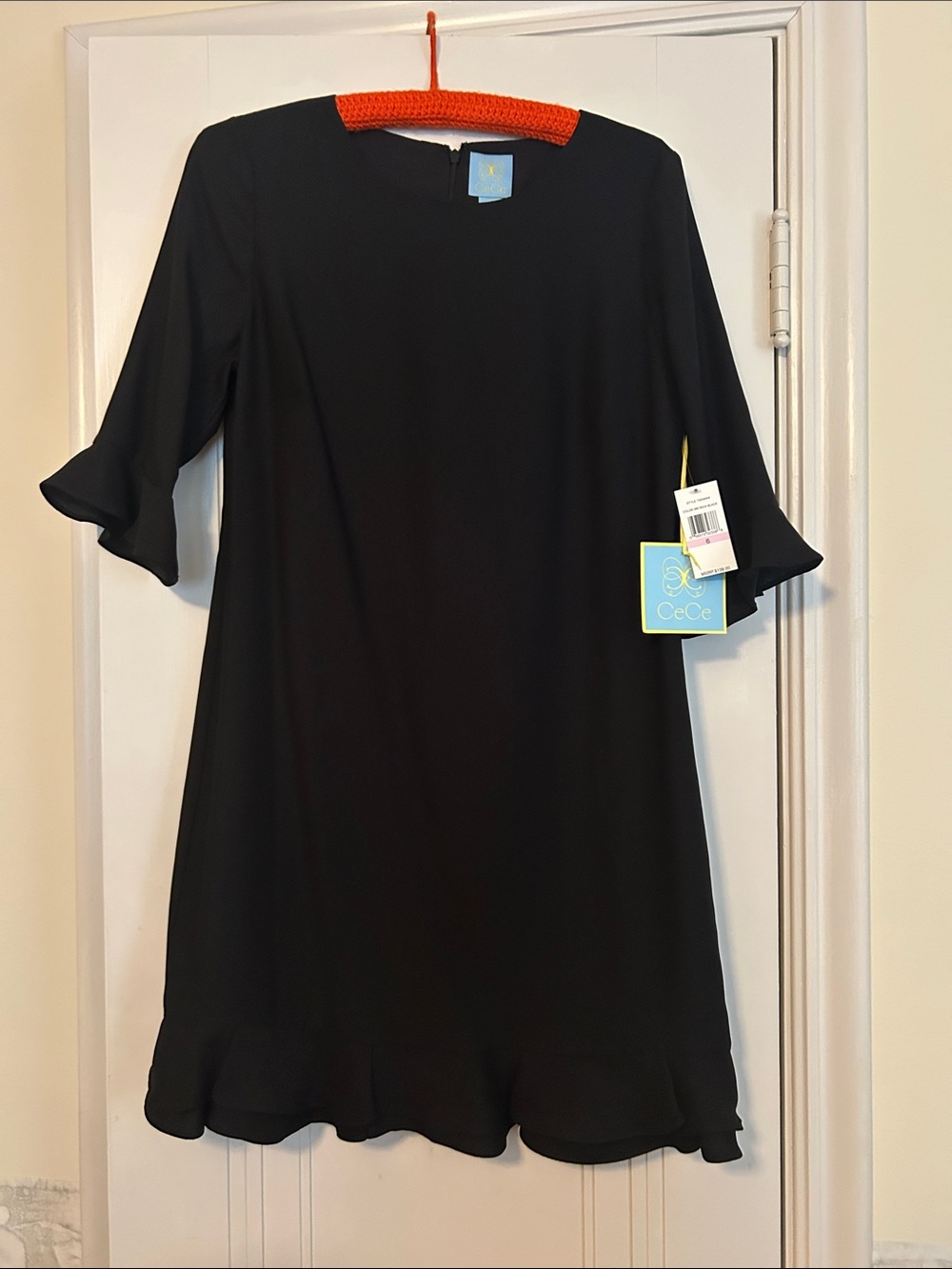 CeCe Rich Black Flutter-Sleeve Shift with Ruffle Hem